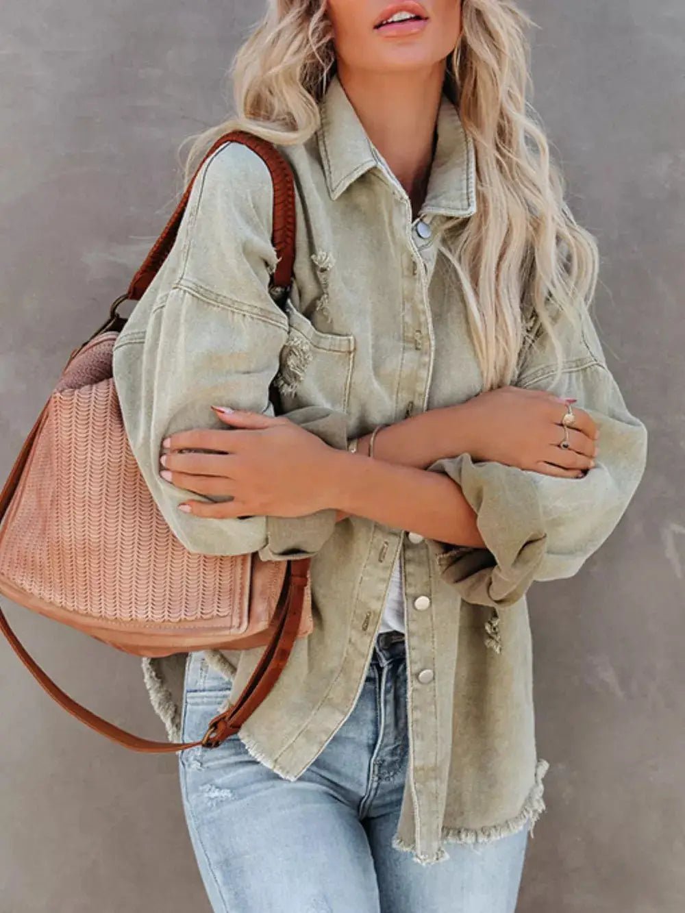 Raw Hem Denim Shacket Button Up With Distressed Details And Pockets - Fritsch & Co.