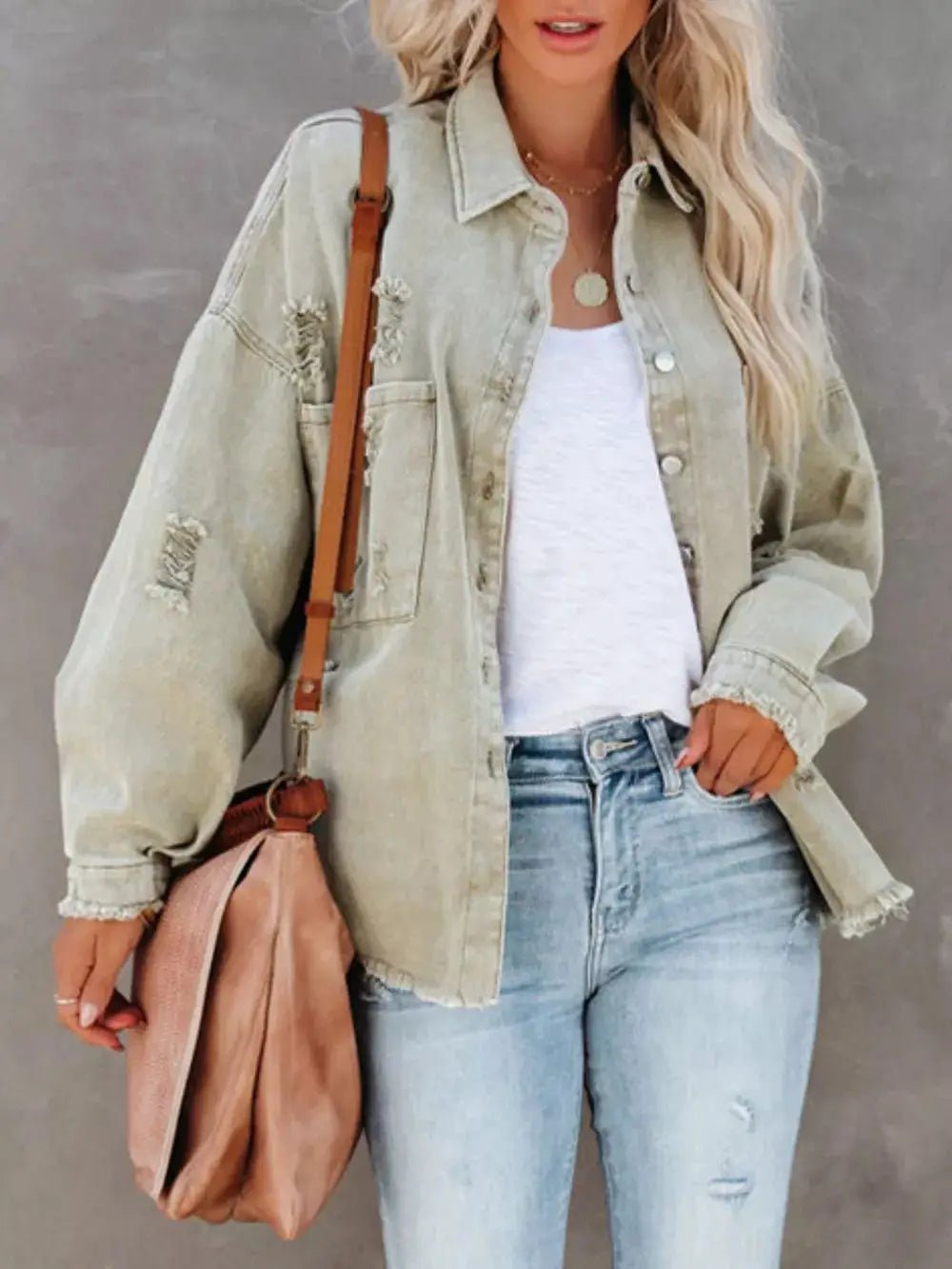 Raw Hem Denim Shacket Button Up With Distressed Details And Pockets - Fritsch & Co.