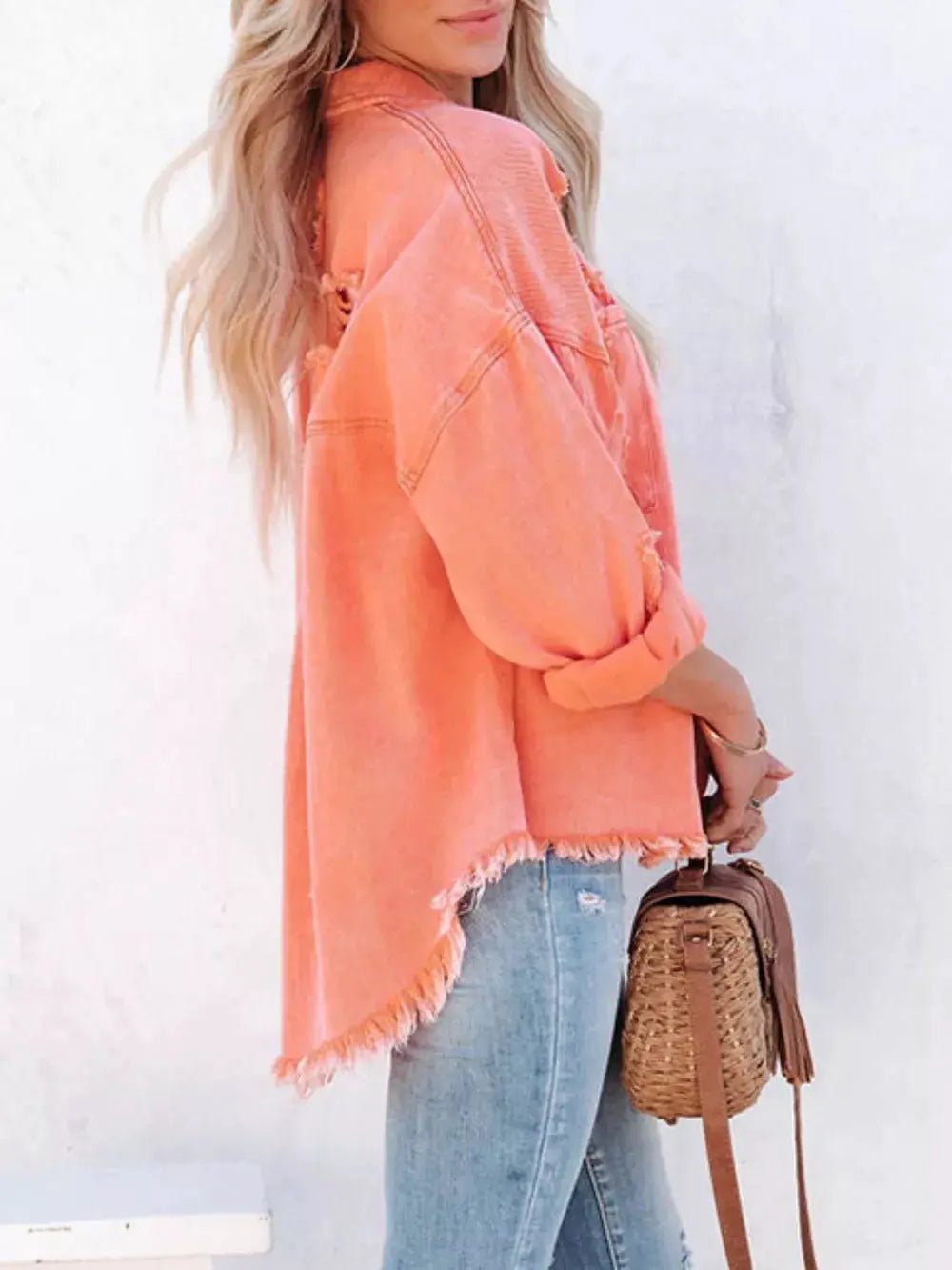Raw Hem Denim Shacket Button Up With Distressed Details And Pockets - Fritsch & Co.
