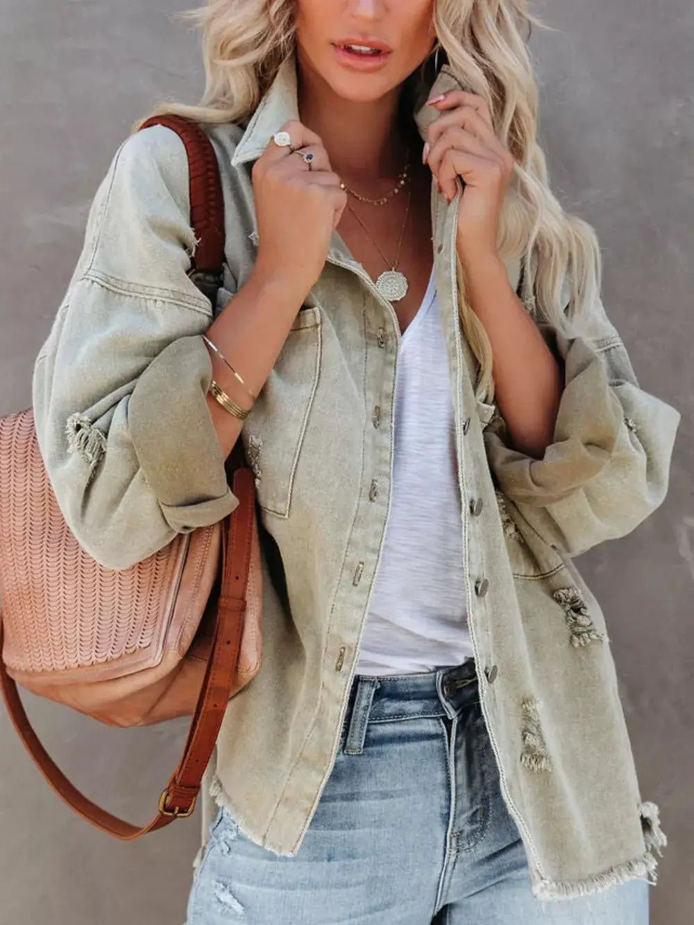 Raw Hem Denim Shacket Button Up With Distressed Details And Pockets - Fritsch & Co.