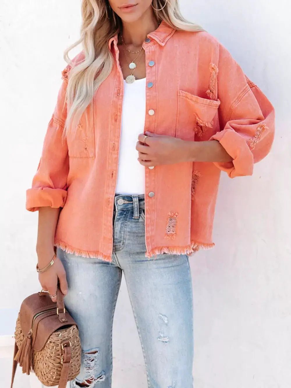 Raw Hem Denim Shacket Button Up With Distressed Details And Pockets - Fritsch & Co.