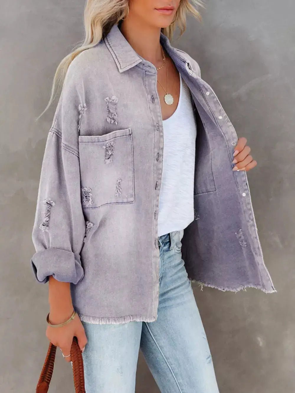 Raw Hem Denim Shacket Button Up With Distressed Details And Pockets - Fritsch & Co.