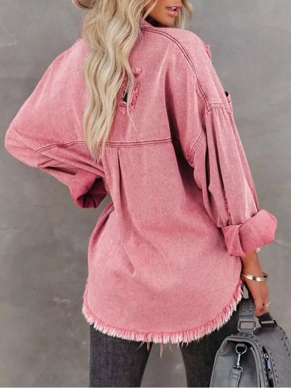 Raw Hem Denim Shacket Button Up With Distressed Details And Pockets - Fritsch & Co.