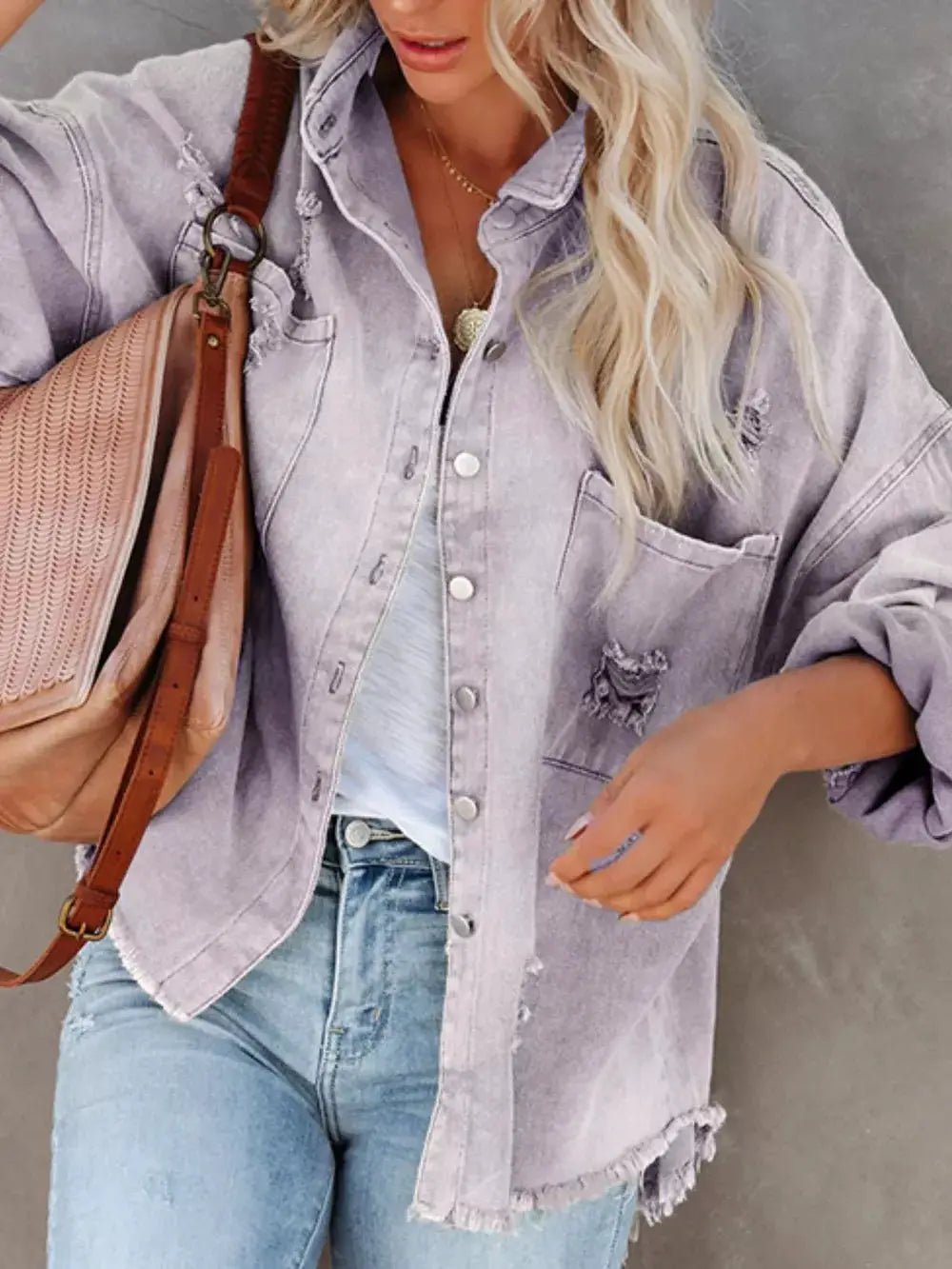 Raw Hem Denim Shacket Button Up With Distressed Details And Pockets - Fritsch & Co.