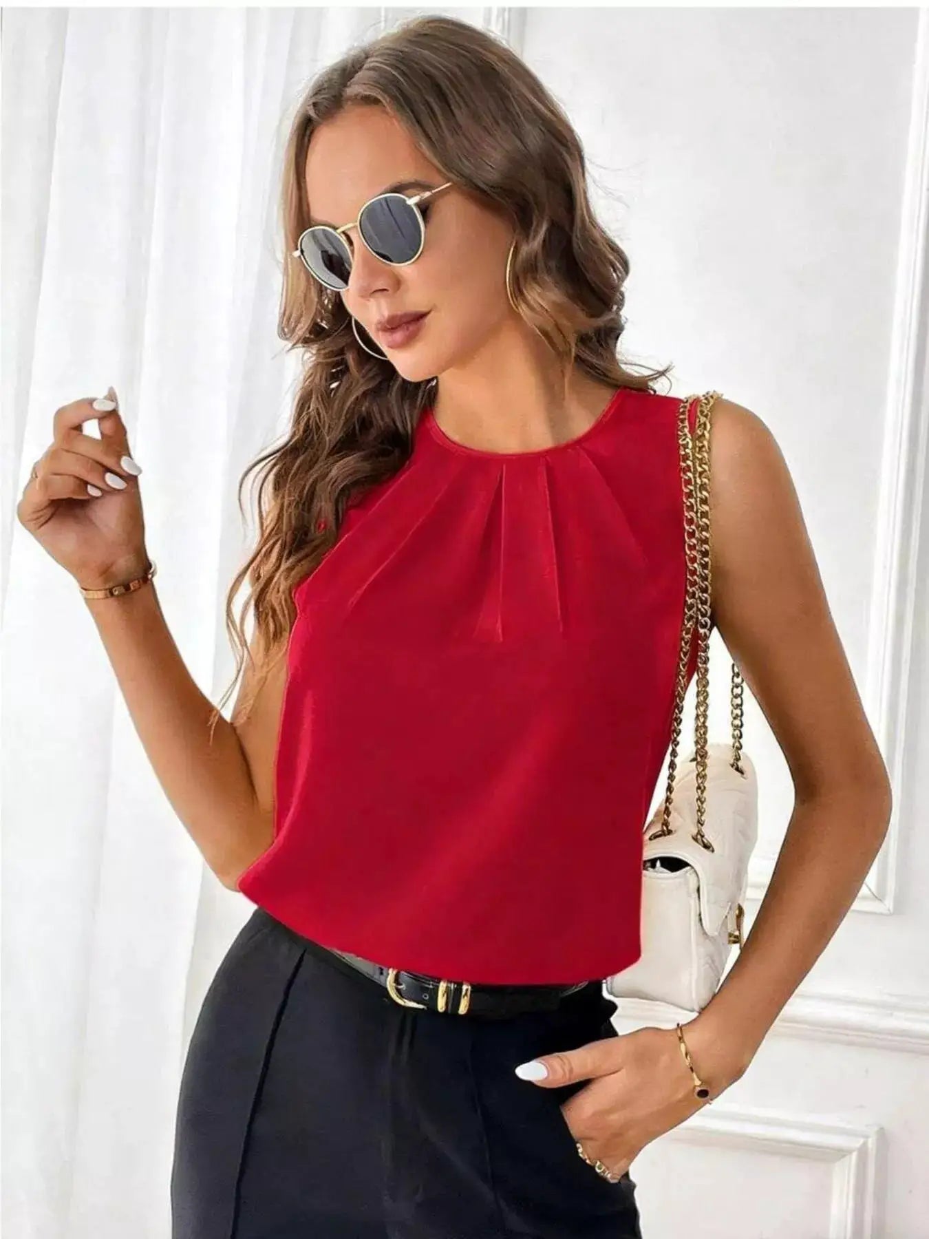 Red Pleated Round Neck Sleeveless Tank Top For Women - Fritsch & Co.