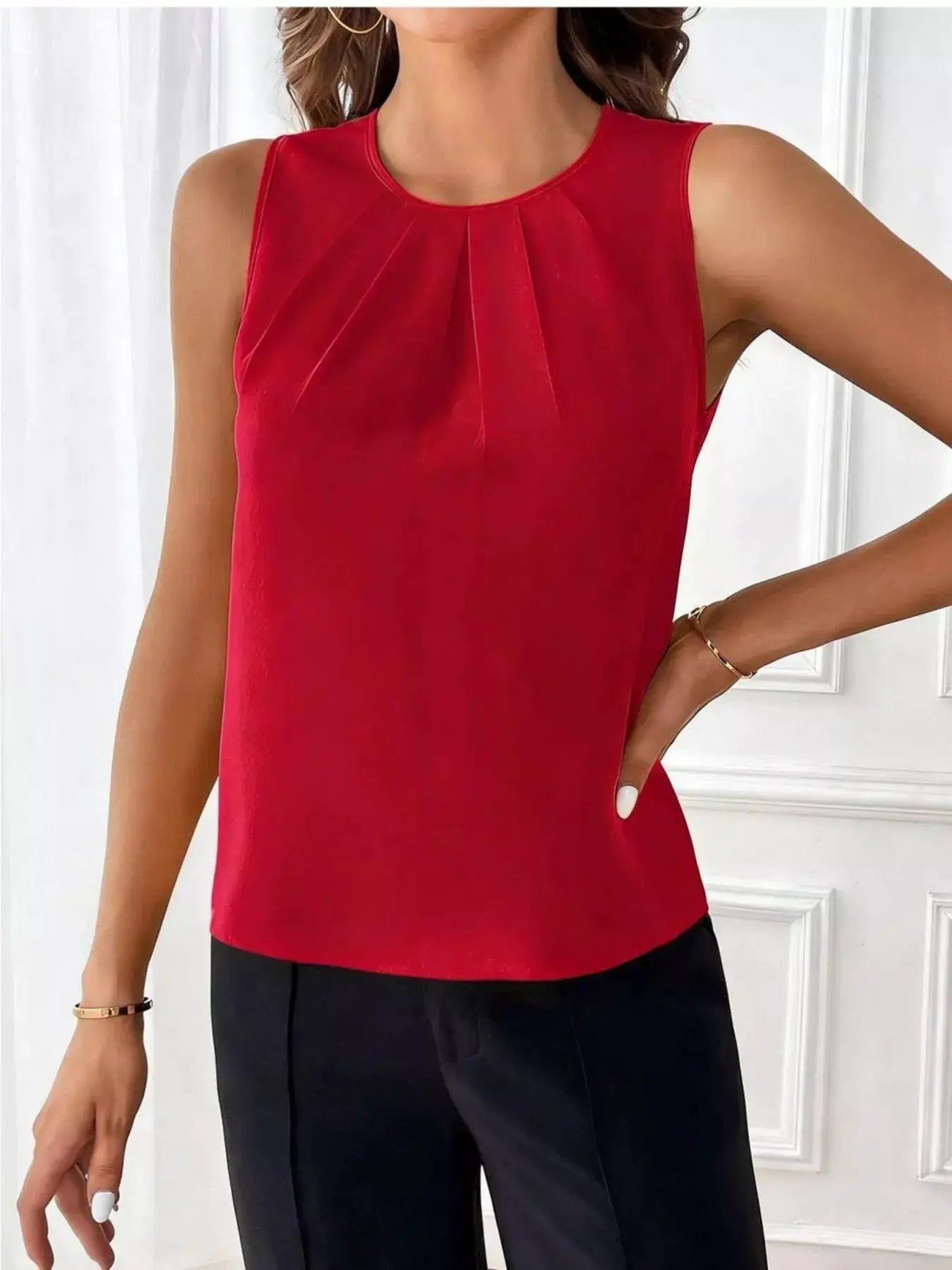 Red Pleated Round Neck Sleeveless Tank Top For Women - Fritsch & Co.