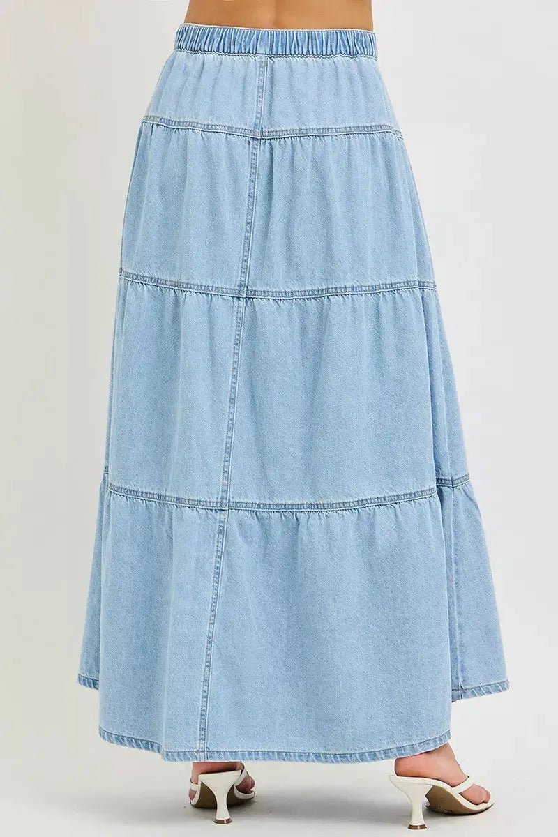 RISEN High Rise Denim Maxi Tiered Ruffle Skirt for Women - Fritsch & Co.