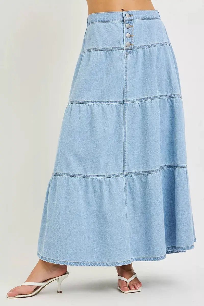 RISEN High Rise Denim Maxi Tiered Ruffle Skirt for Women - Fritsch & Co.