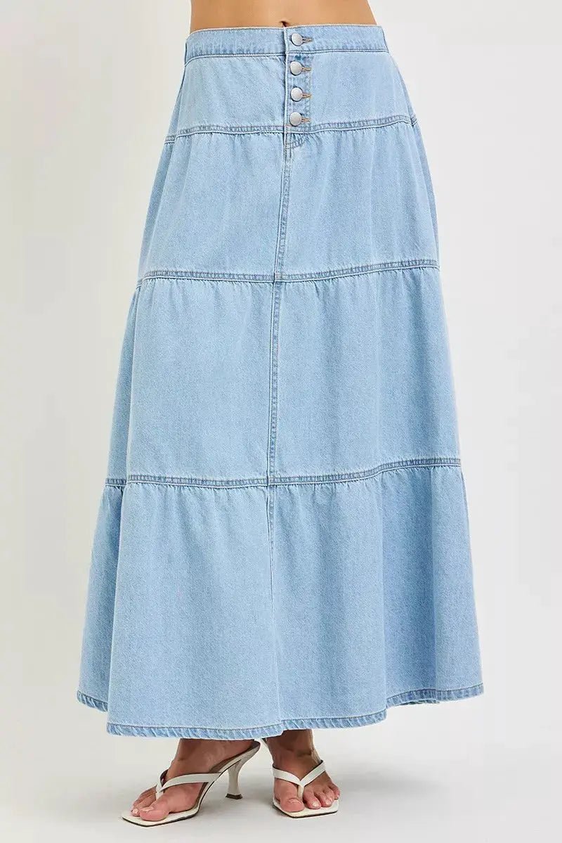 RISEN High Rise Denim Maxi Tiered Ruffle Skirt for Women - Fritsch & Co.