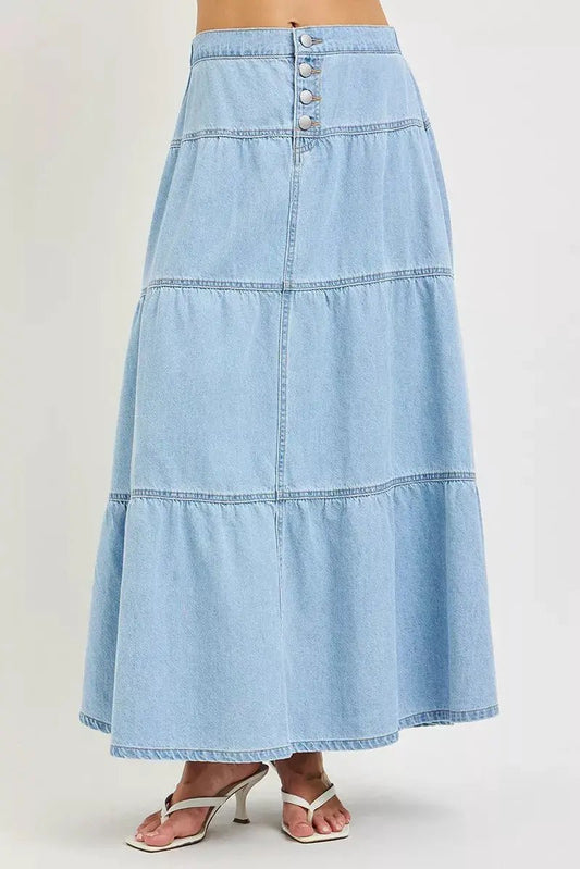 RISEN High Rise Denim Maxi Tiered Ruffle Skirt for Women - Fritsch & Co.