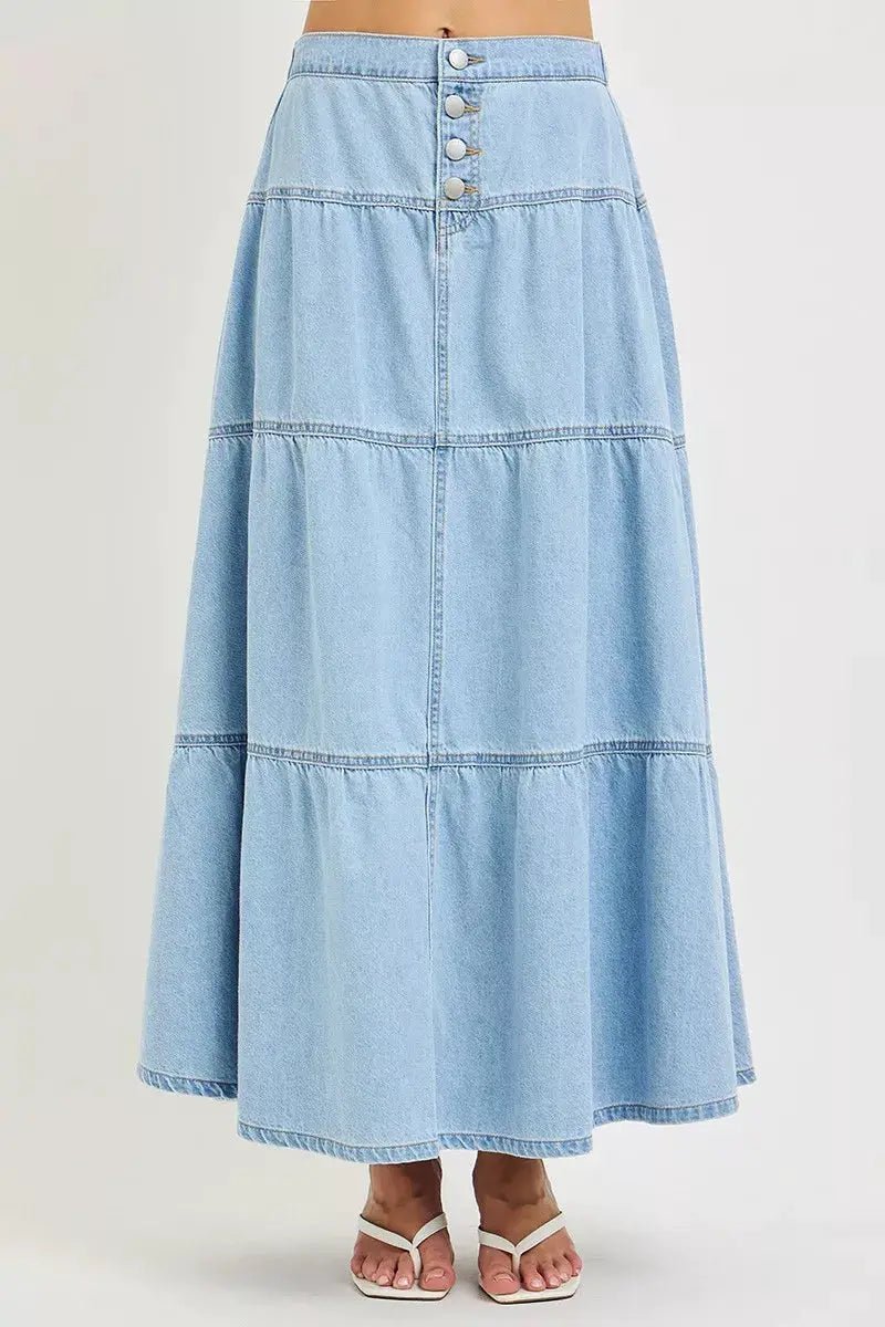 RISEN High Rise Denim Maxi Tiered Ruffle Skirt for Women - Fritsch & Co.