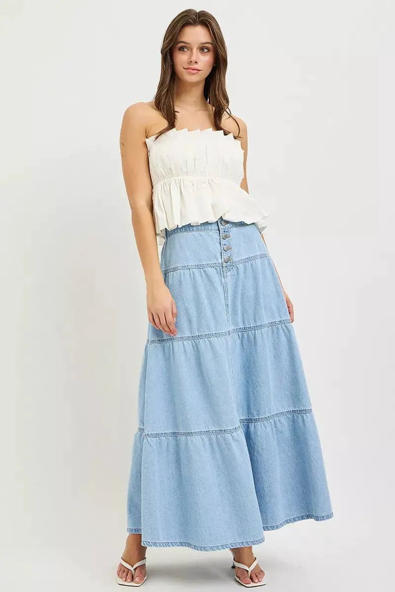 RISEN High Rise Denim Maxi Tiered Ruffle Skirt for Women - Fritsch & Co.