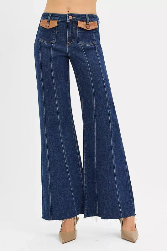 Risen High Rise Wide Flare Jeans With Front Leather Pocket Detail - Fritsch & Co.