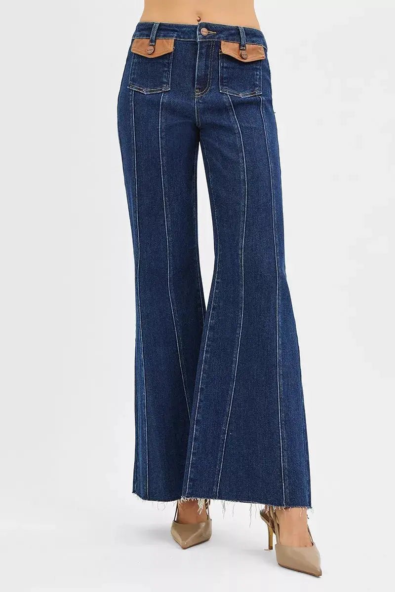 Risen High Rise Wide Flare Jeans With Front Leather Pocket Detail - Fritsch & Co.