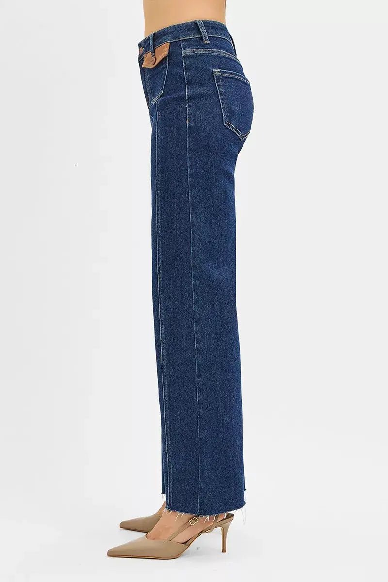 Risen High Rise Wide Flare Jeans With Front Leather Pocket Detail - Fritsch & Co.