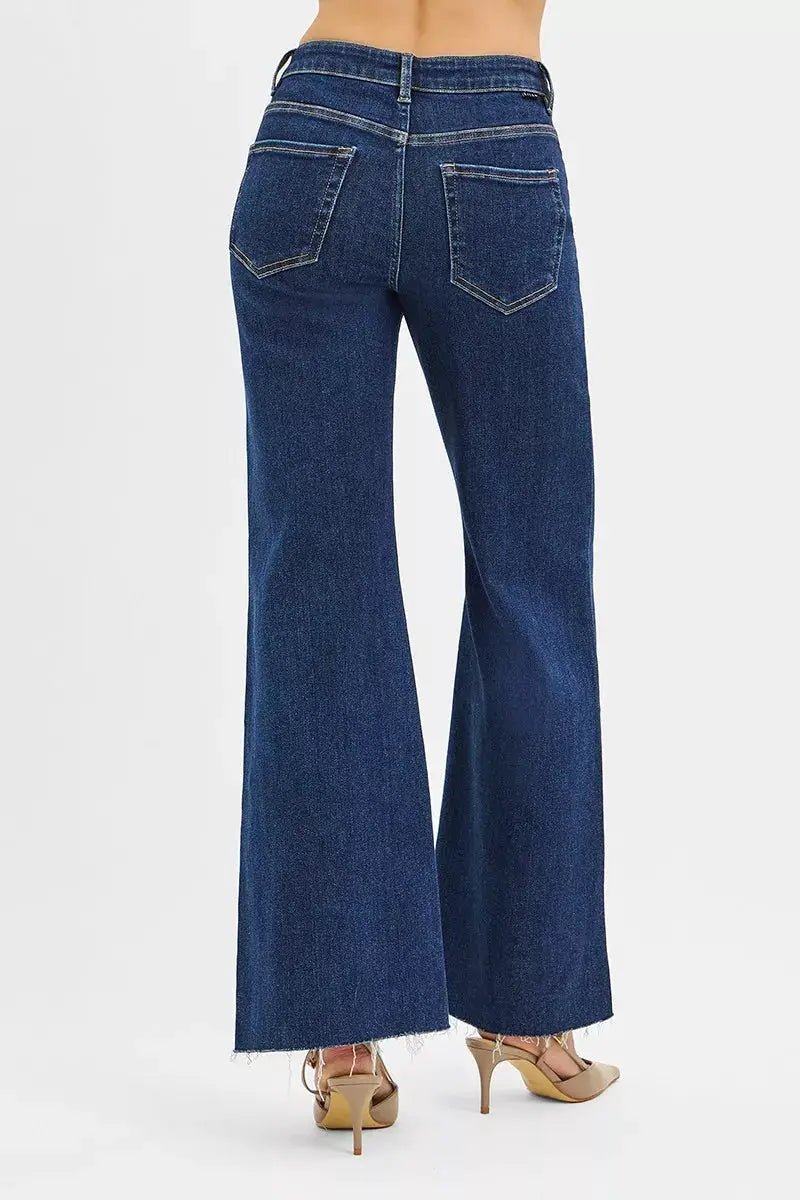 Risen High Rise Wide Flare Jeans With Front Leather Pocket Detail - Fritsch & Co.