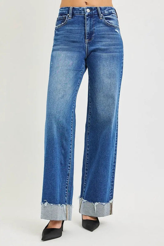 RISEN High Rise Wide Leg Jeans With Cuffed Hem Blue - Fritsch & Co.