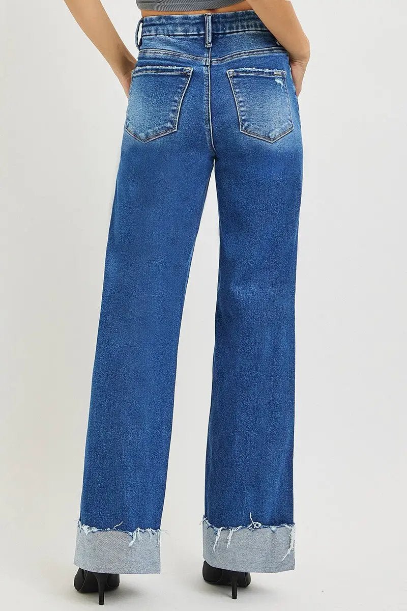 RISEN High Rise Wide Leg Jeans With Cuffed Hem Blue - Fritsch & Co.