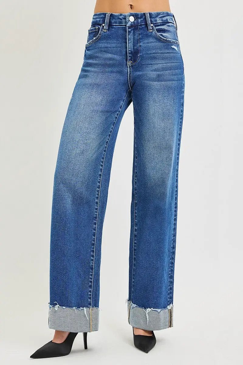 RISEN High Rise Wide Leg Jeans With Cuffed Hem Blue - Fritsch & Co.