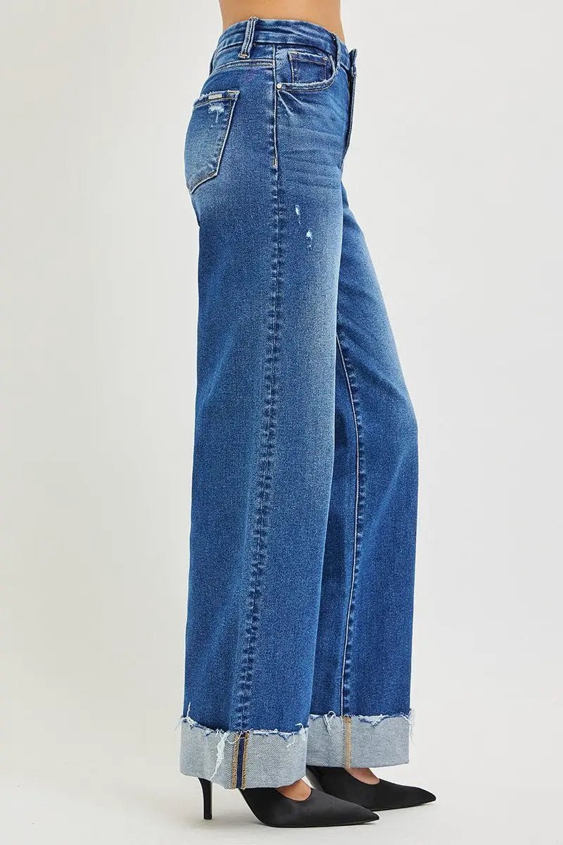 RISEN High Rise Wide Leg Jeans With Cuffed Hem Blue - Fritsch & Co.