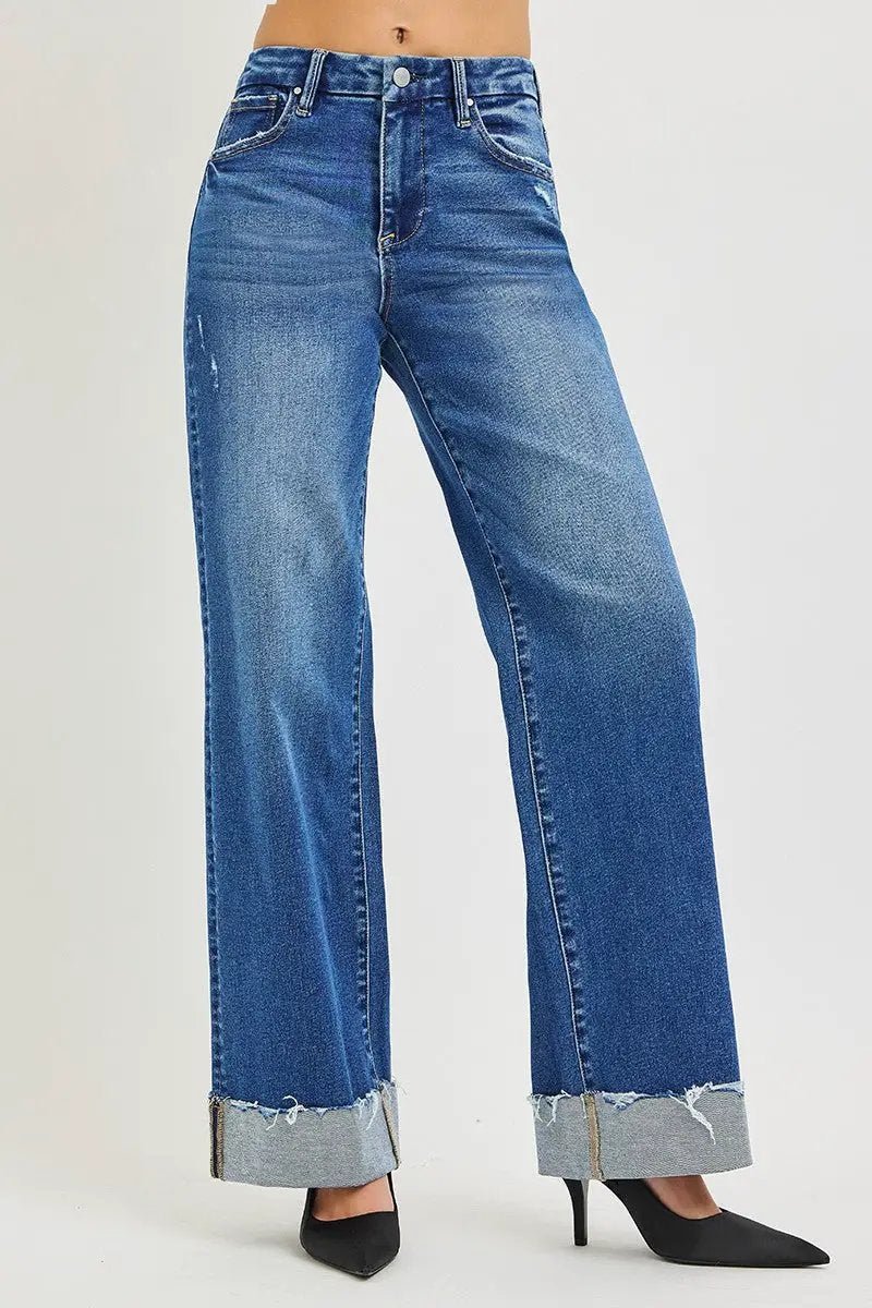 RISEN High Rise Wide Leg Jeans With Cuffed Hem Blue - Fritsch & Co.