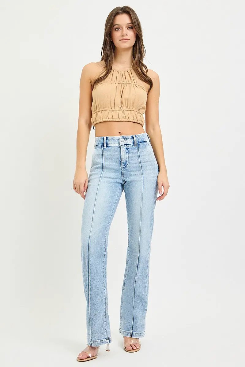 Risen Tummy Control High Rise Straight Pin Tuck Jeans For Women - Fritsch & Co.