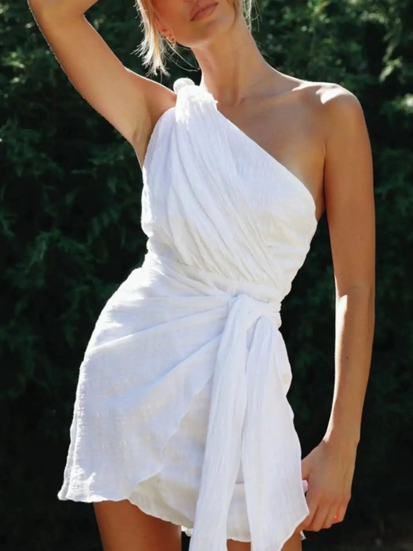 Ruched One Shoulder Mini Dress With Tie Waist Cotton Blend - Fritsch & Co.