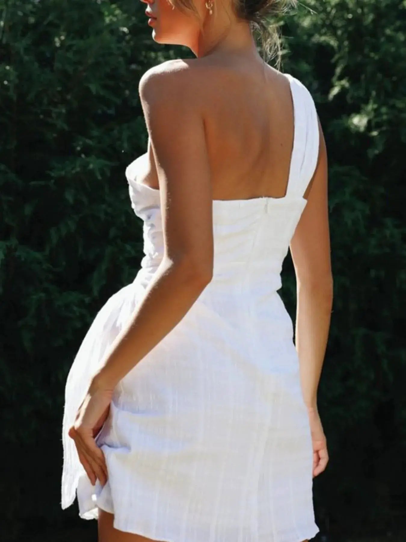 Ruched One Shoulder Mini Dress With Tie Waist Cotton Blend - Fritsch & Co.