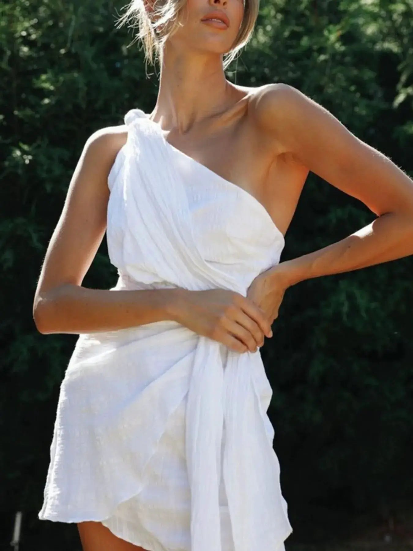 Ruched One Shoulder Mini Dress With Tie Waist Cotton Blend - Fritsch & Co.