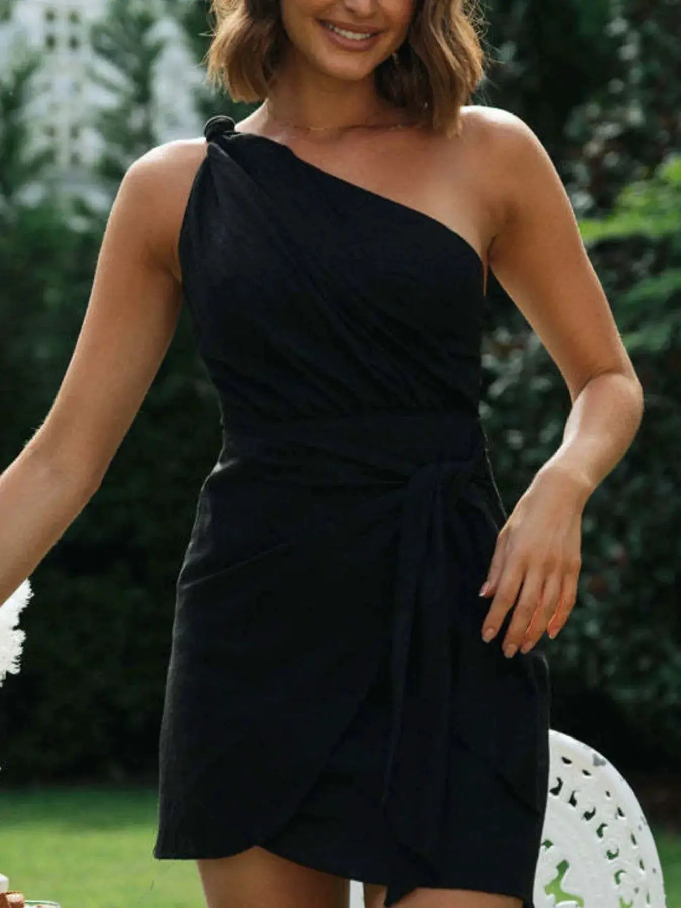 Ruched One Shoulder Mini Dress With Tie Waist Cotton Blend - Fritsch & Co.