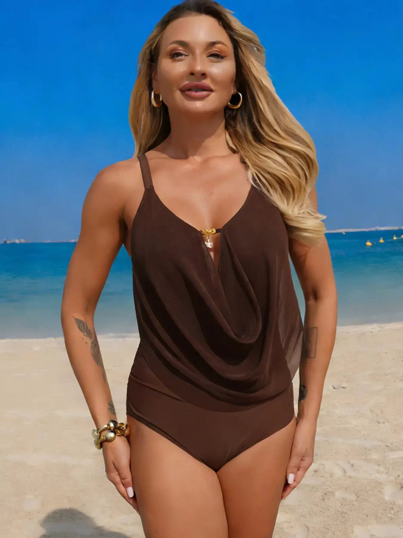 Ruched Solid Color One Piece Swimsuit With Removable Padding Scoop Neck - Fritsch & Co.
