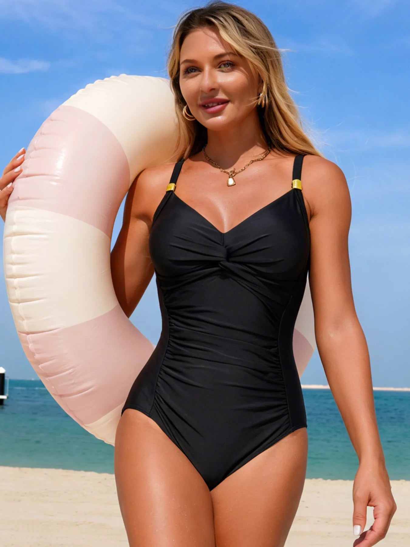 Ruched Twist Front Scoop Neck Brown One Piece Swimsuit With Removable Padding - Fritsch & Co.