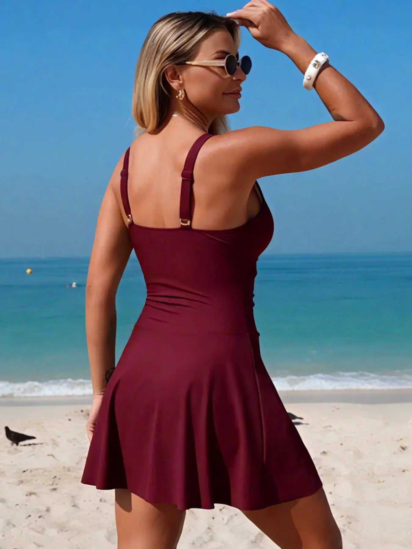 Ruched V Neck One Piece Swimsuit With Embellished White Bead Details Burgundy - Fritsch & Co.