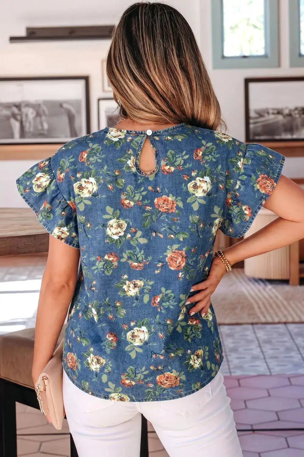 Ruffled Floral Denim Top With Short Sleeves For Women - Fritsch & Co.
