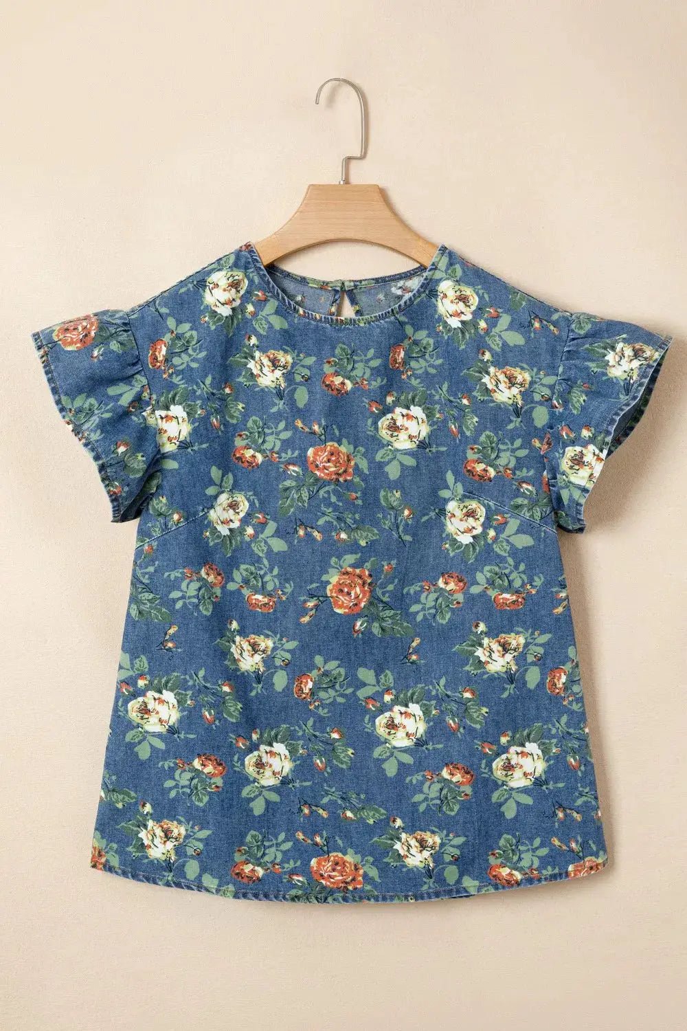Ruffled Floral Denim Top With Short Sleeves For Women - Fritsch & Co.