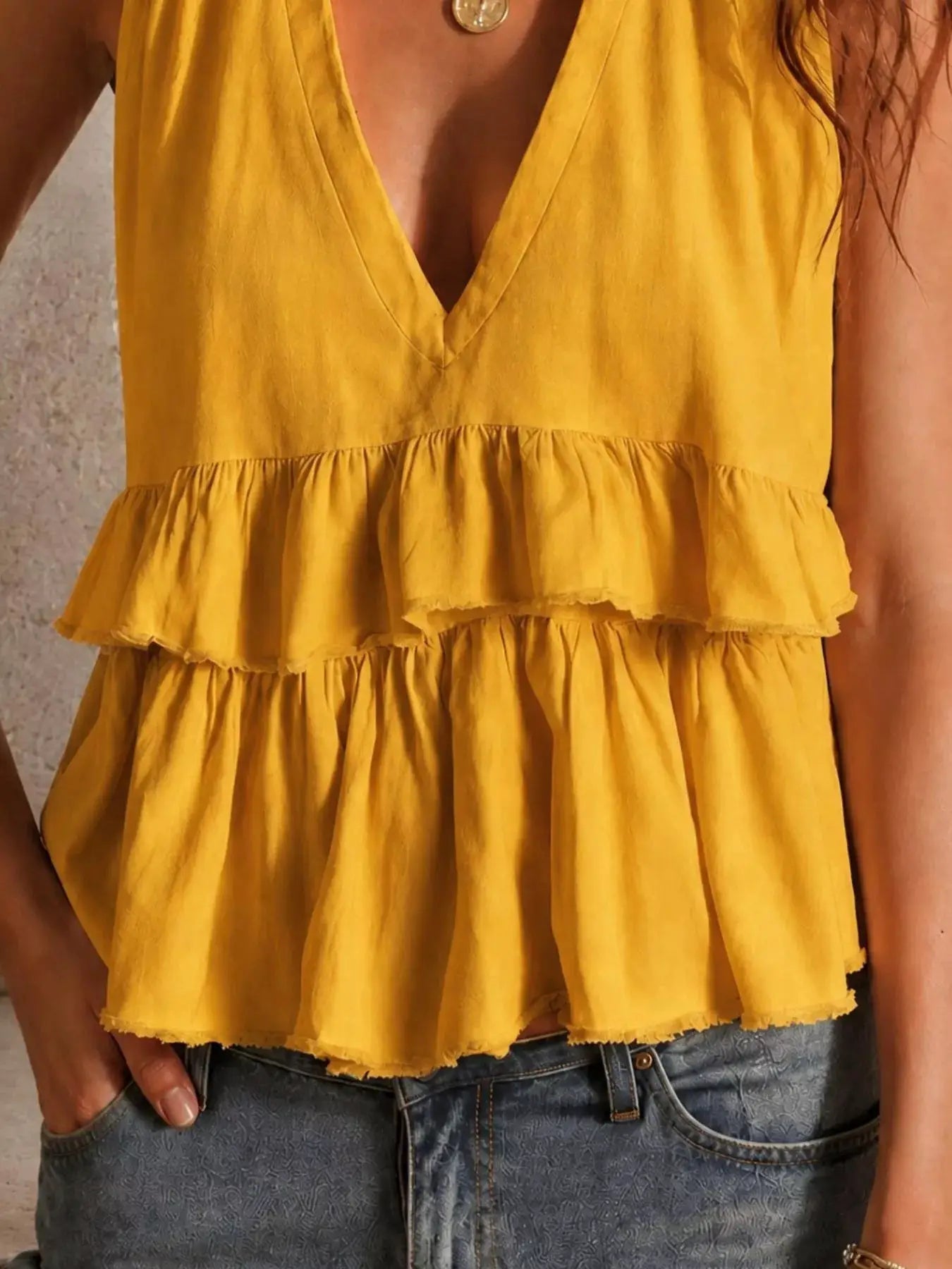 Ruffled Layered V Neck Sleeveless Blouse Polyester Spandex Blend For Women - Fritsch & Co.