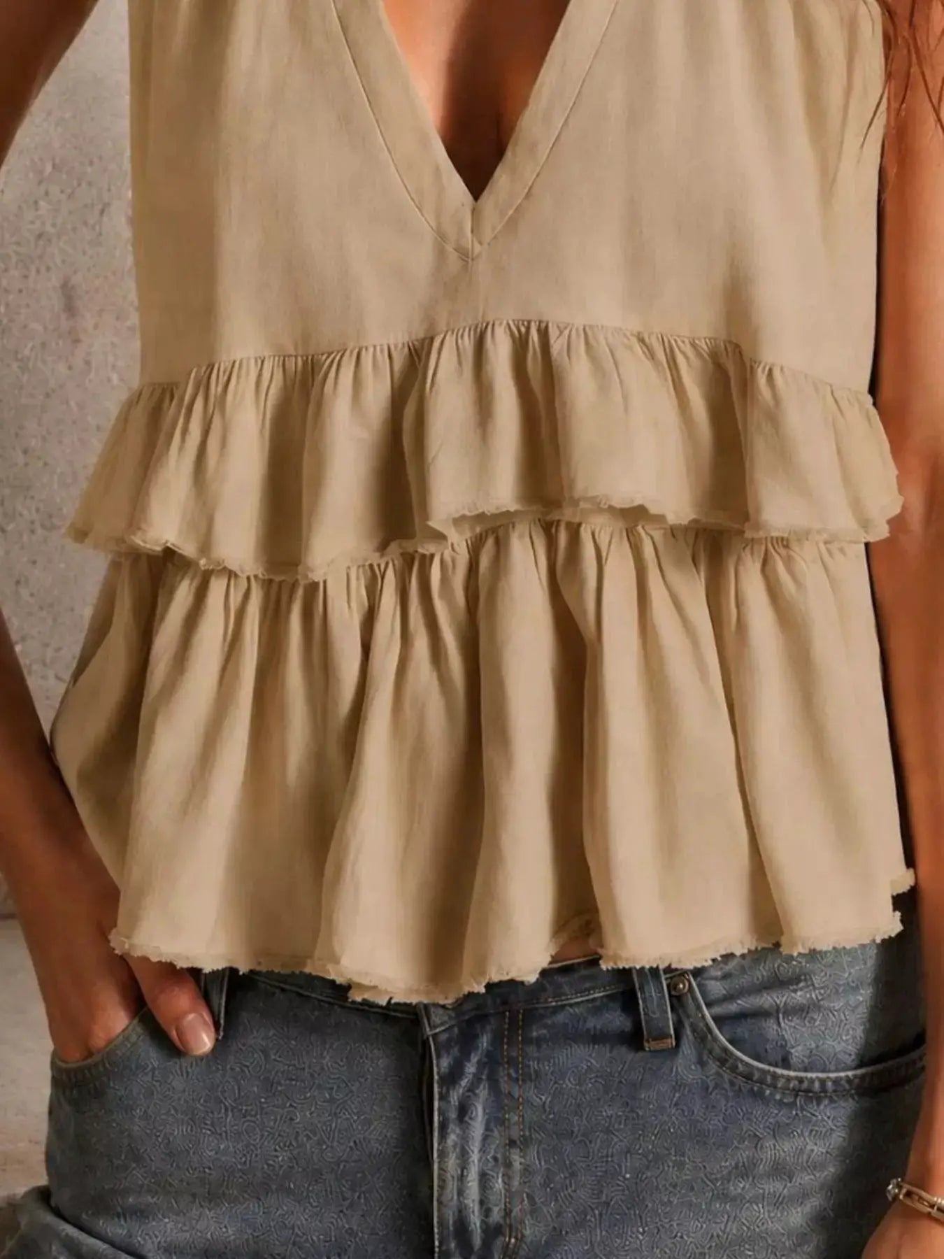 Ruffled Layered V Neck Sleeveless Blouse Polyester Spandex Blend For Women - Fritsch & Co.