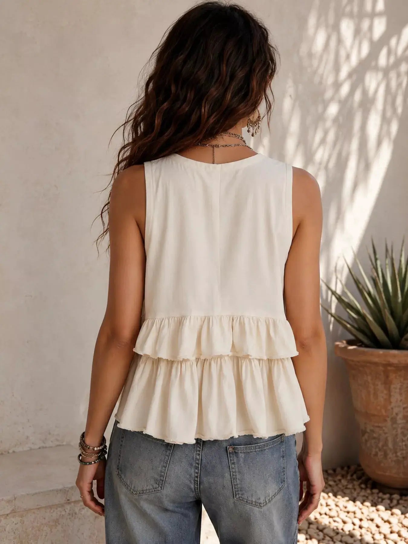 Ruffled Layered V Neck Sleeveless Blouse Polyester Spandex Blend For Women - Fritsch & Co.
