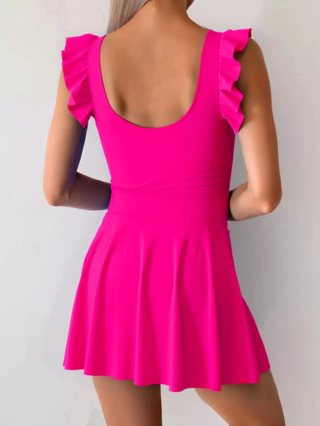Ruffled Sleeve One Piece Swim Dress With Scoop Neck Black - Fritsch & Co.