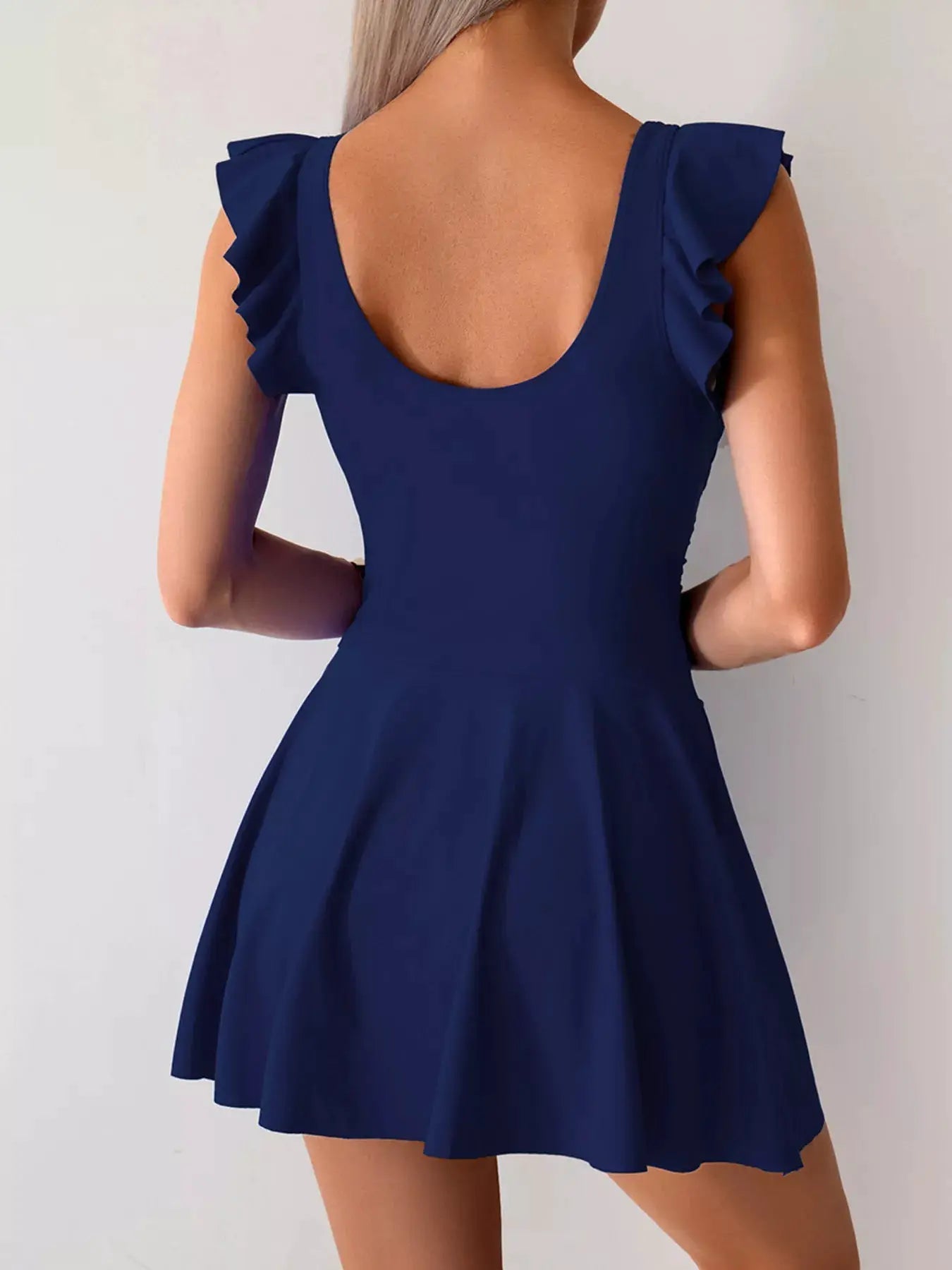 Ruffled Sleeve One Piece Swim Dress With Scoop Neck Black - Fritsch & Co.