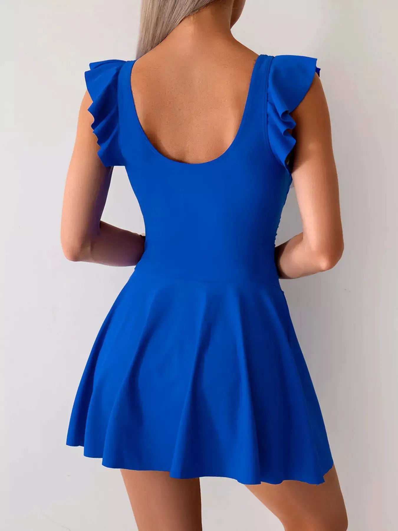 Ruffled Sleeve One Piece Swim Dress With Scoop Neck Black - Fritsch & Co.