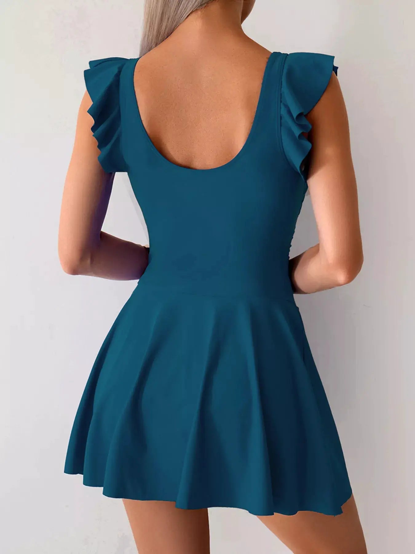 Ruffled Sleeve One Piece Swim Dress With Scoop Neck Black - Fritsch & Co.