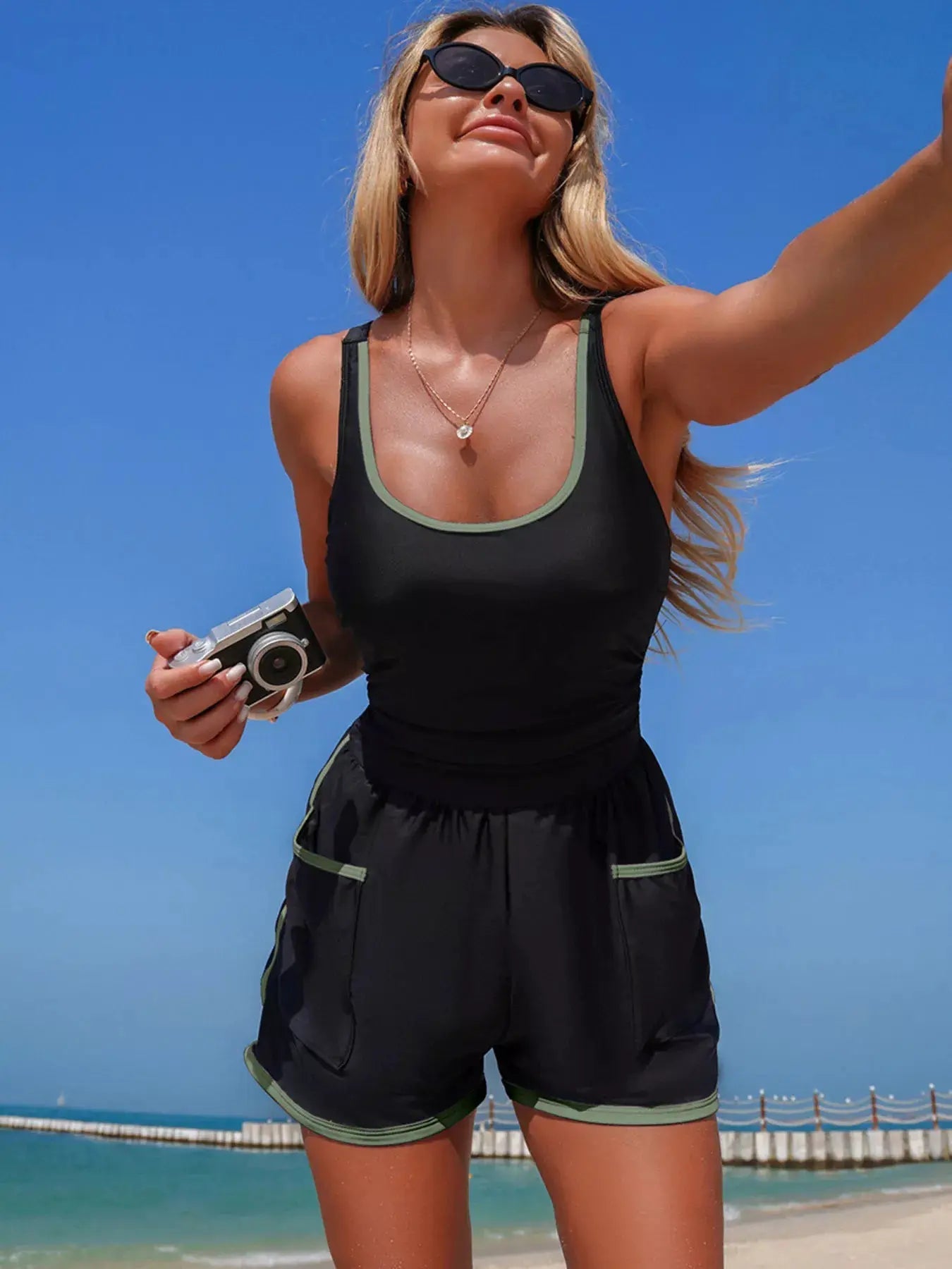 Scoop Neck One Piece Swimsuit With Contrast Trim And Pockets - Fritsch & Co.