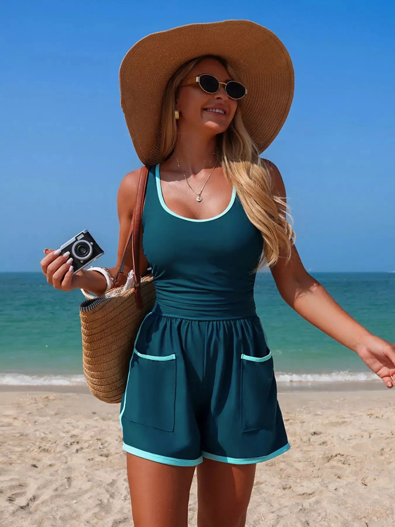 Scoop Neck One Piece Swimsuit With Contrast Trim And Pockets - Fritsch & Co.