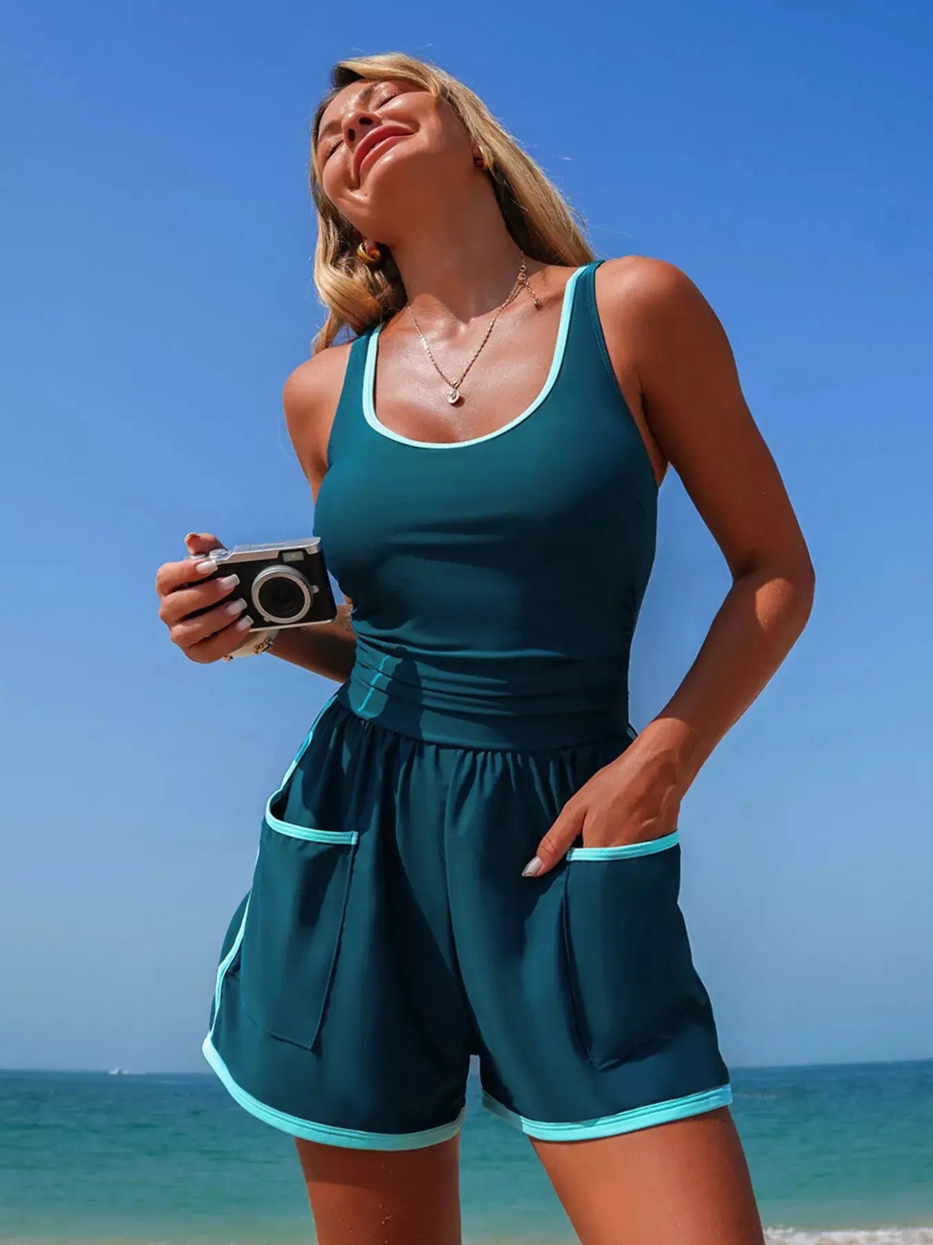 Scoop Neck One Piece Swimsuit With Contrast Trim And Pockets - Fritsch & Co.