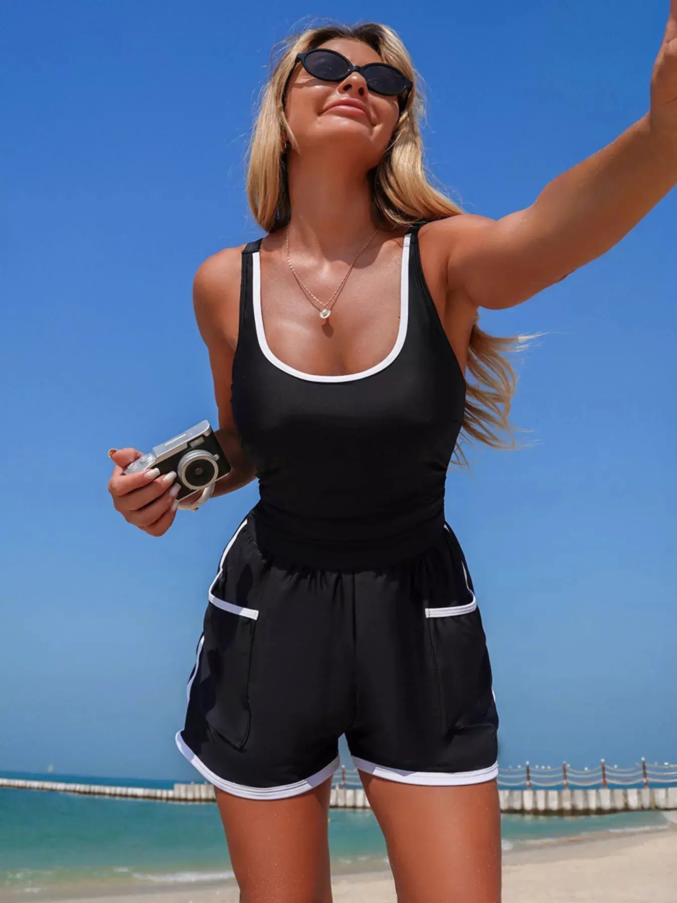 Scoop Neck One Piece Swimsuit With Contrast Trim And Pockets - Fritsch & Co.