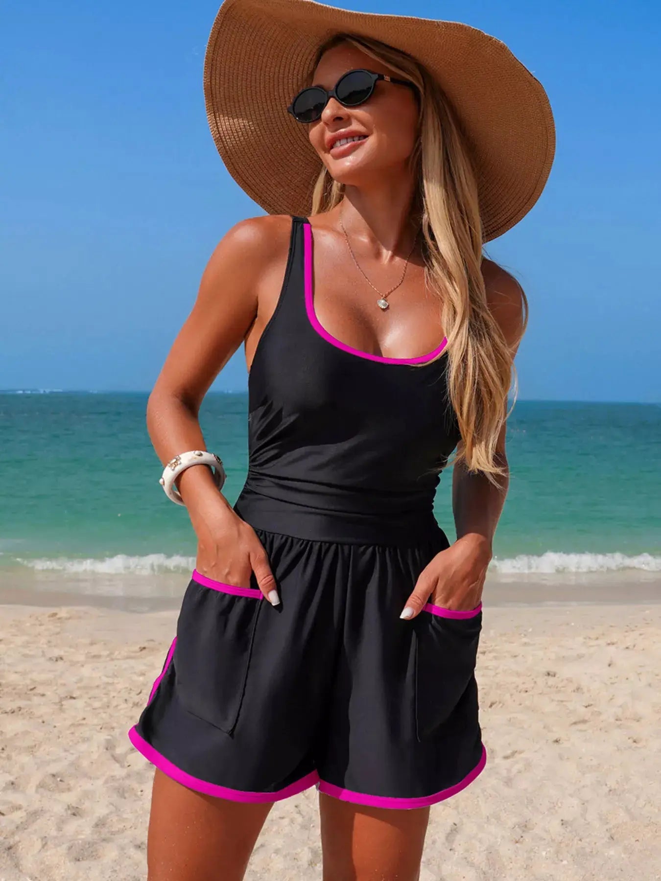 Scoop Neck One Piece Swimsuit With Contrast Trim And Pockets - Fritsch & Co.