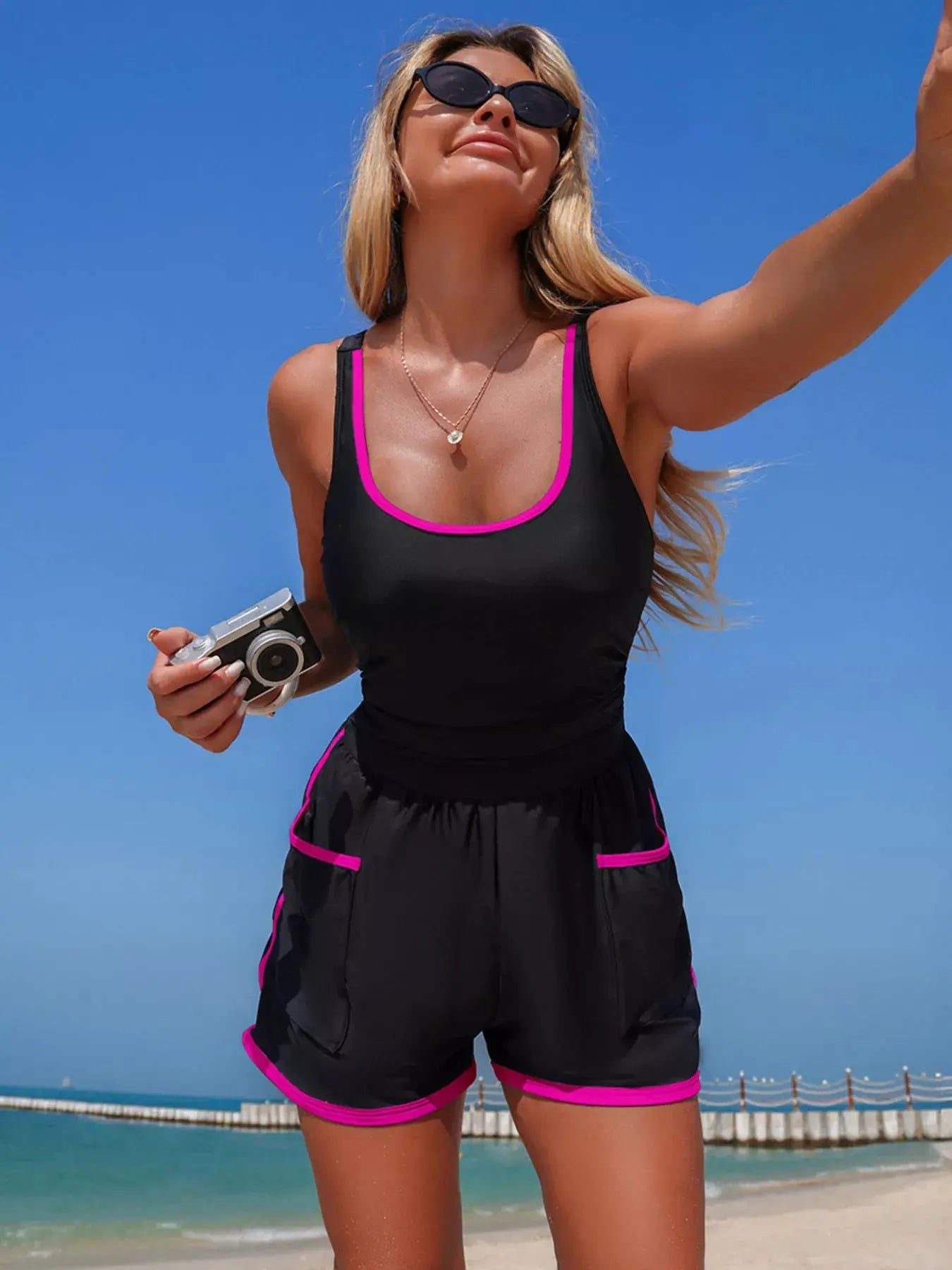 Scoop Neck One Piece Swimsuit With Contrast Trim And Pockets - Fritsch & Co.