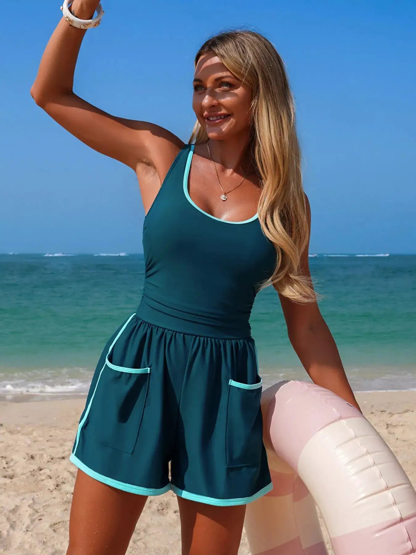 Scoop Neck One Piece Swimsuit With Contrast Trim And Pockets - Fritsch & Co.