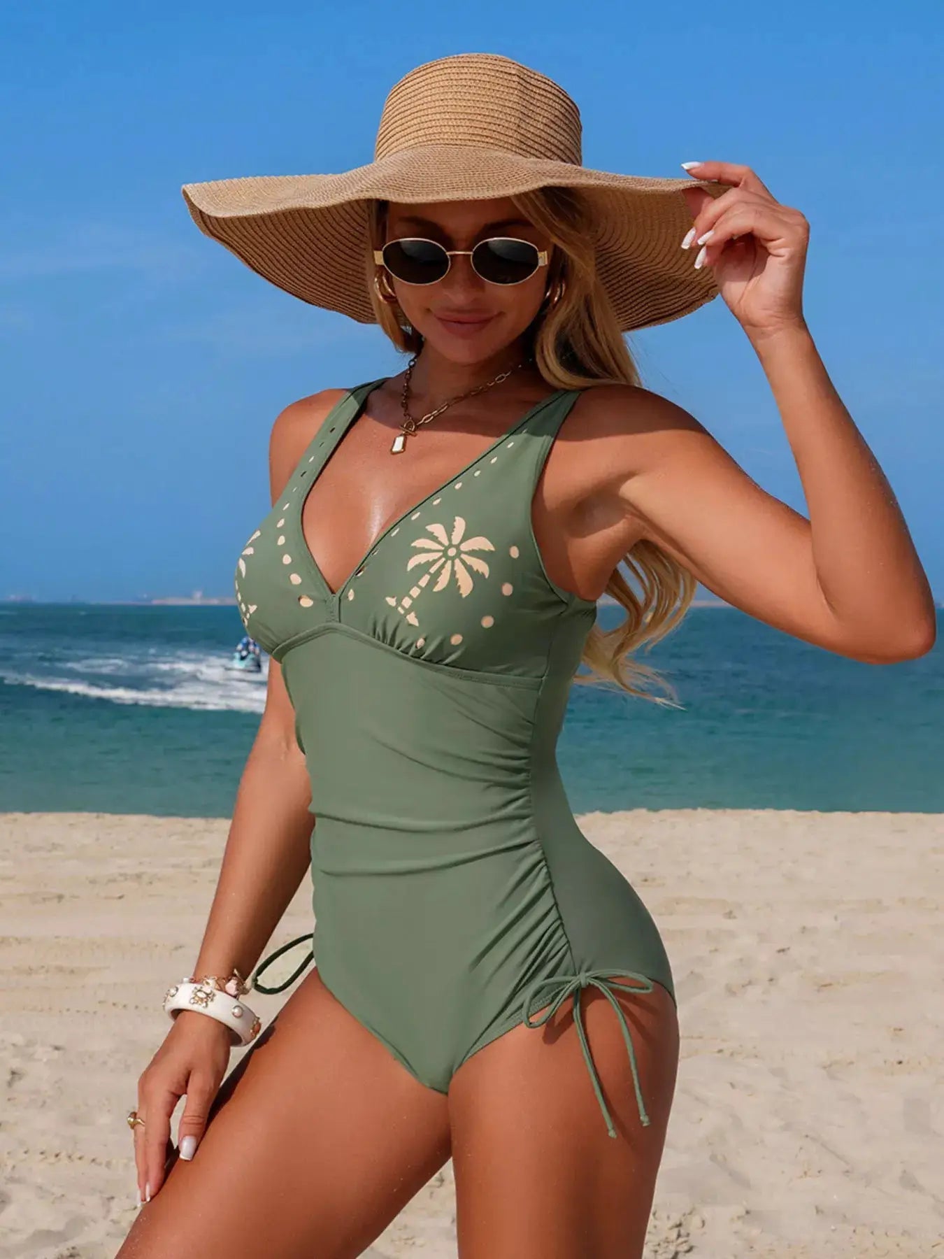Side Drawstring One Piece Swimsuit With Removable Padding Scoop Neck - Fritsch & Co.